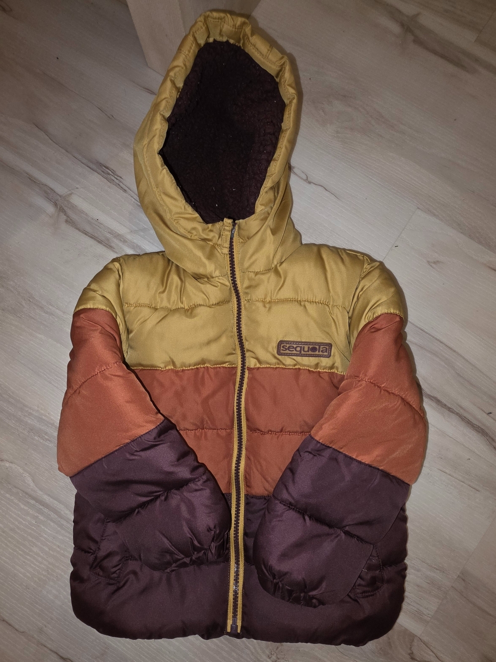Sequoia Kids Colorblock Puffer Jacket in Mustard/Orange/Burgundy